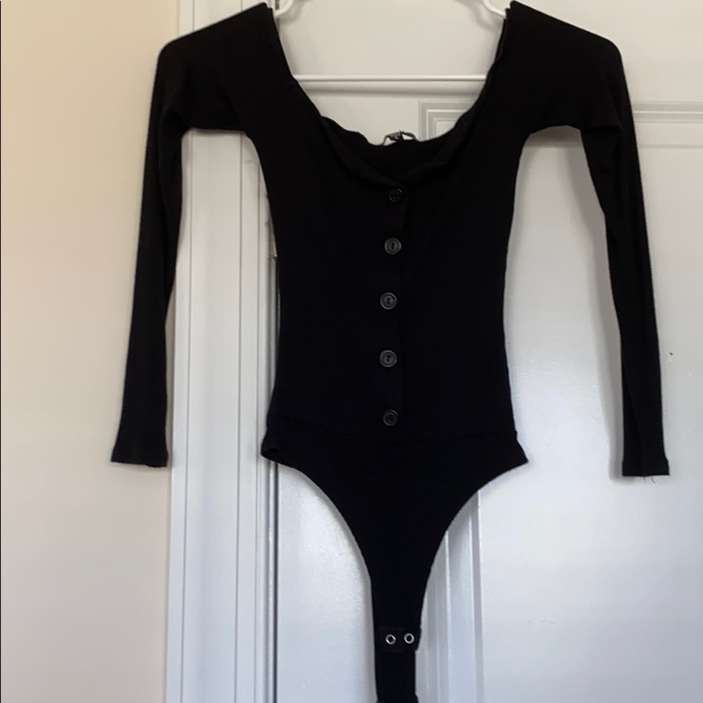 off the shoulder button down black bodysuit